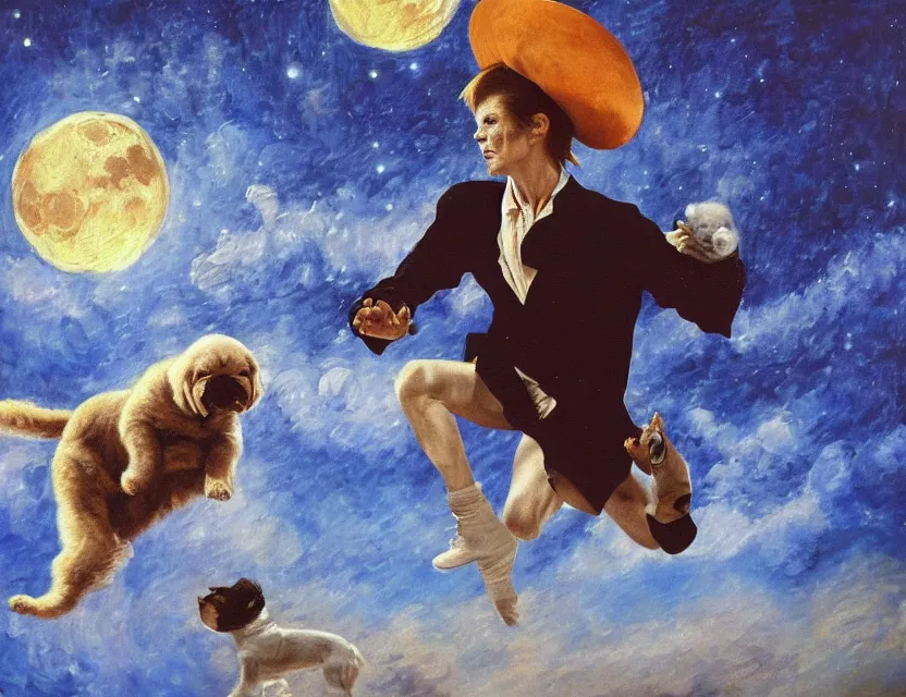 Prompt: an oil painting of david bowie wearing a fedora, kicking a puppy on the moon. painted by monet. baroque elements. baroque element. intricate artwork by caravaggio. oil painting. oil on canvas. award winning. dramatic. trending on artstation. 8 k