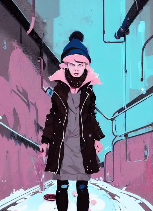 Image similar to highly detailed portrait of a sewer punk lady student, blue eyes, winter jacket, hat, white hair by atey ghailan, by greg rutkowski, by greg tocchini, by james gilleard, by joe fenton, by kaethe butcher, gradient pink, black, brown and light blue color scheme, grunge aesthetic!!! ( ( snowy graffiti tag wall background ) )