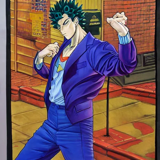 Image similar to a beautiful painting of a man with superpowers posing for a picture on a city street by hirohiko araki, detailed line art, jojos bizarre adventure