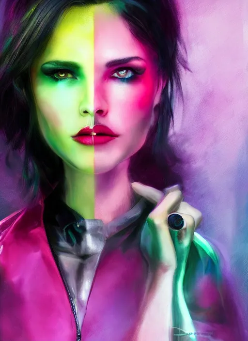 Image similar to a photo of 8 k ultra realistic a black haired female in high heels and a black leather jacket, pink, purple, green, yelow, red, blue, white neon, art by lise deharme