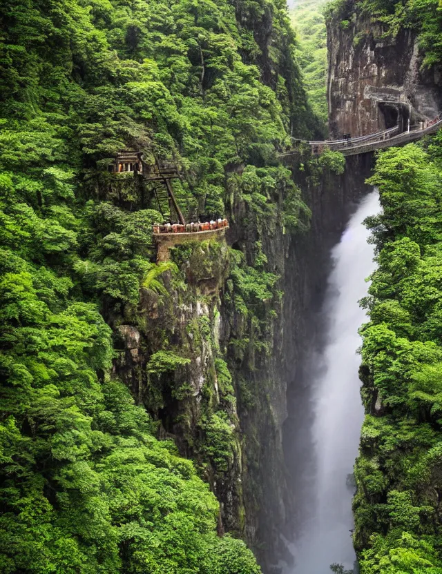 Prompt: establishing wide shot inside han son doong with waterfalls on either side of the cliff walls, at the top of the cliff is a japanese castle, an old suspension bridge spans the walls