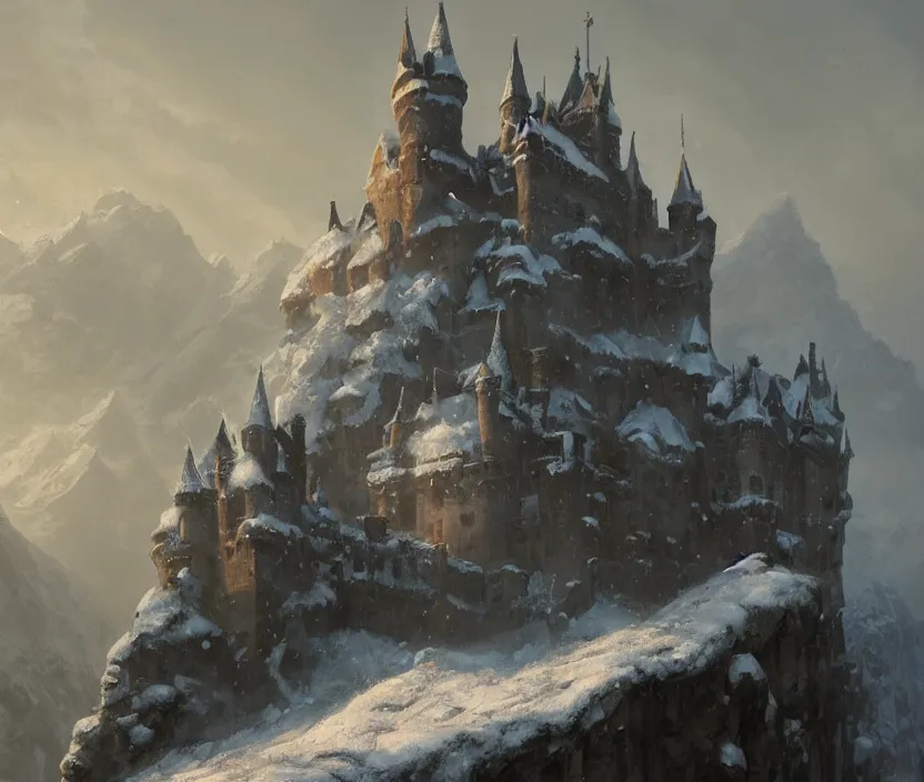 Image similar to a painting of a castle in the middle of a snowy mountain, a detailed matte painting by andreas rocha and greg rutkowski, featured on artstation, fantasy art, matte drawing, matte painting, artstation hq