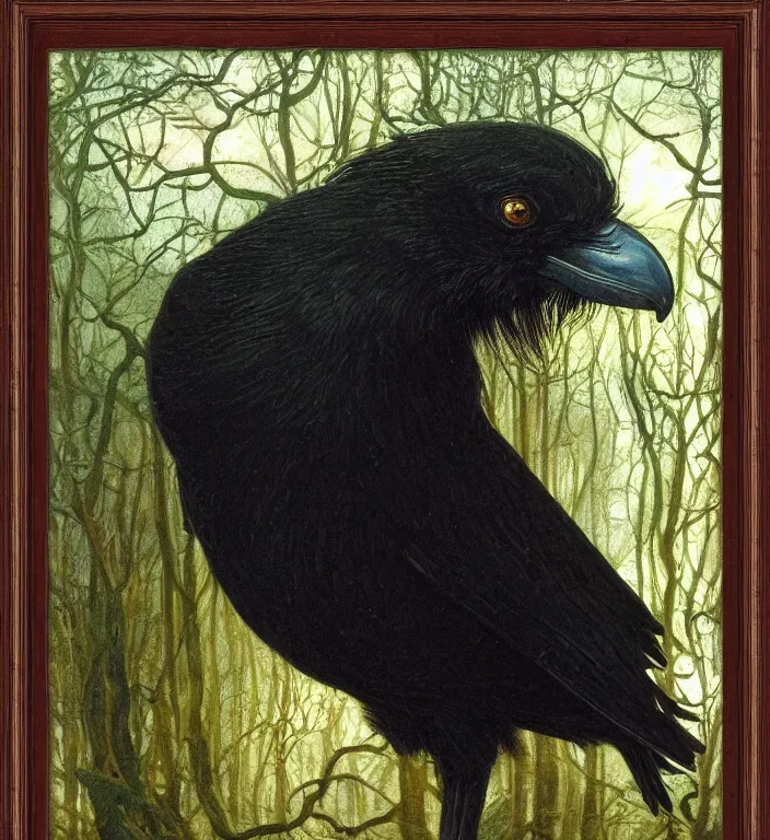 Image similar to a breathtakingly stunningly pre raphaelite beautifully highly detailed close up animal portrait of a majestic raven, in an forest arch with smokey water reflections, framed, by rosetti and devinci and michael cheval and sidney cooper and turner, 4 k