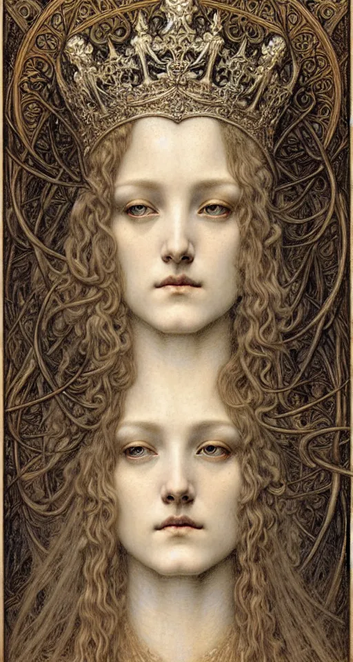 Image similar to detailed realistic beautiful young medieval queen face portrait by jean delville, gustave dore and marco mazzoni, art nouveau, symbolist, visionary, gothic, pre - raphaelite. horizontal symmetry