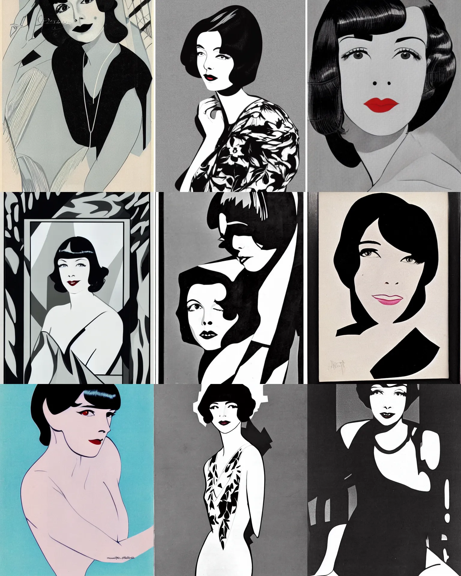 Prompt: Colleen Moore 25 years old, bob haircut, portrait by Patrick Nagel, 1920s, patterned