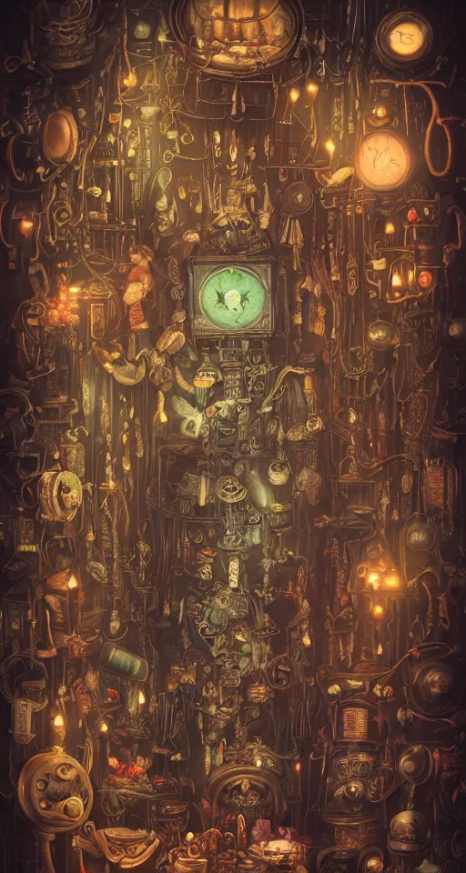 Image similar to tapestries of dreams, ultra detailed, dark, steampunk, moody, candles, neon signs, infographic style, characters from machinarium, by don bluth, trending on artstation, octane render