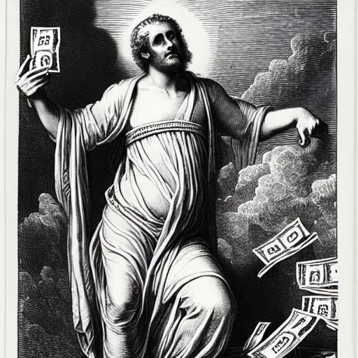 Image similar to british money ascending into heaven holding stacks of cash, biblical image, style of gustave dore, highly detailed, beautiful, high contrast, black and white