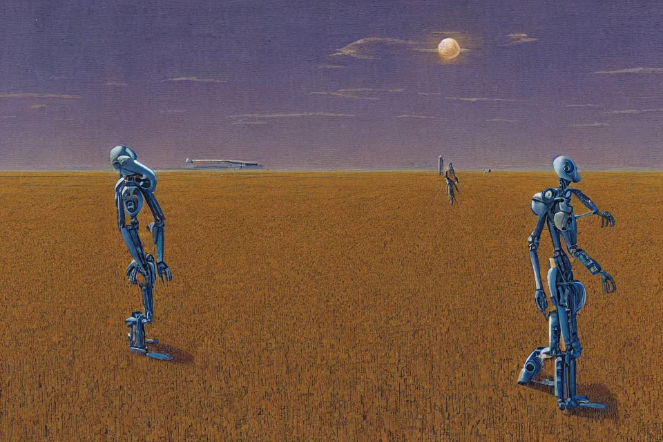 Image similar to sci-fi painting of a large alien city on the vast wheat fields, the closed back view of only one humanoid robot on the ground, by Moebius, godrays, detailed