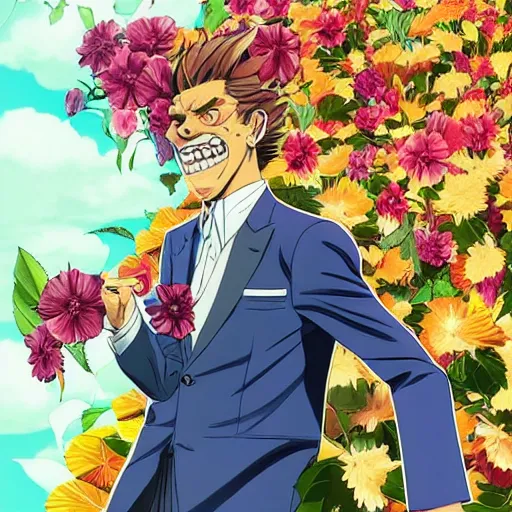Image similar to willem dafoe, grinning, wearing a suit, posing, portrait surrounded by hibiscus flowers, jojo cover art, jojo anime style, david production, style of vento aureo cover art, style of stone ocean cover art, style of steel ball run cover art, style of jojolion cover art, ilya kuvshinov style, illustrated by hirohiko araki