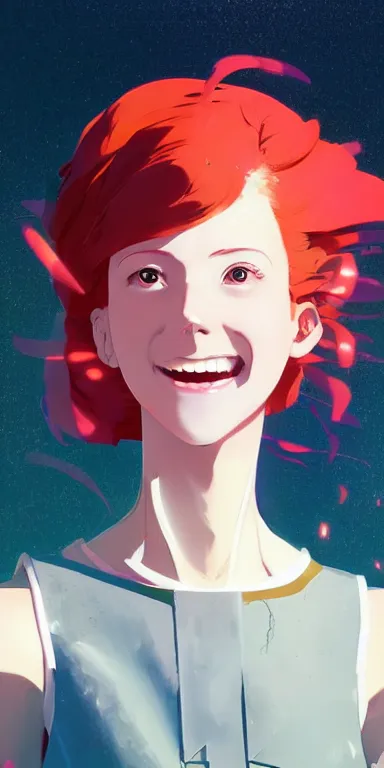 Prompt: synthwave concept art of young cute curvacious redhead cyborg woman softly smiling at camera wearing 🩳 and 👕 illustration illustration concept art anime by wlop and greg rutkowski and makoto shinkai and studio ghibli and kyoto animation acrylic on canvas