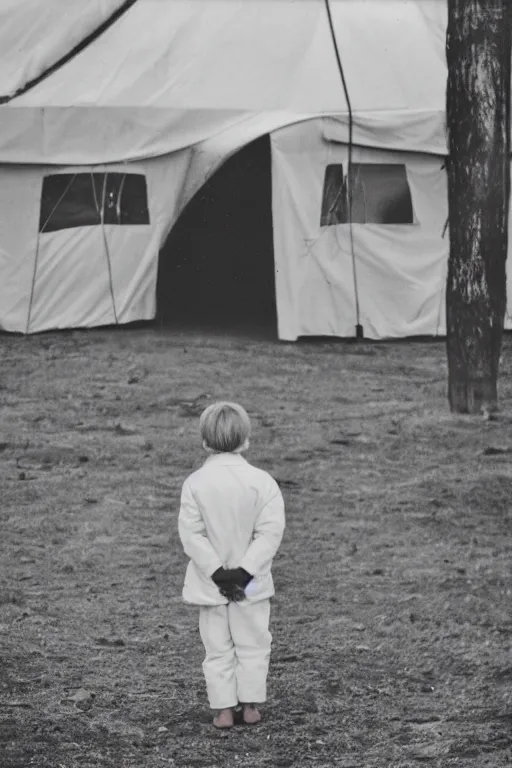 Prompt: photo polaroid of a sad and lonely child in a white coat and barefoot stands in the middle from behind the camera many big tents of field hospitals, pandemic, covid, loneliness, black and white ,photorealistic, 35mm film,