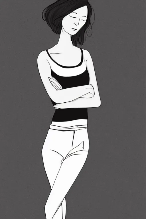 Image similar to portrait of a girl in long pants and a top, hands in pockets, eyes closed, bob haircut, digital art, black and white, lineart by bakartstudio 7