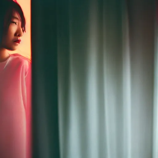 Image similar to photography of asian female models behind white curtains, dramatic light, cinestill, filmstill, bokeh, long exposure, god rays, magic hour, pink light, warm colors