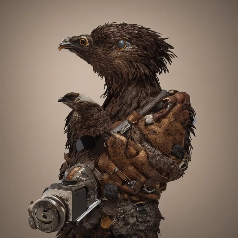 Image similar to a 3 d model of a grouse holding a blunderbuss, studio lighting, octane render, hyper detailed, product photography, 8 k, highly detailed