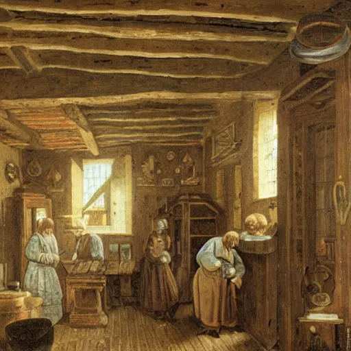 Prompt: The rustic interior of a medieval apothecary