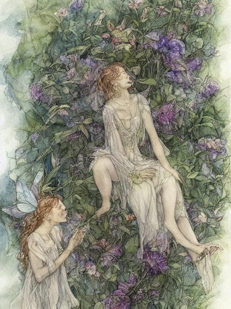 Image similar to annotated study of a flower fairy, illustration, watercolor, alan lee, detailed, pretty, ethereal,