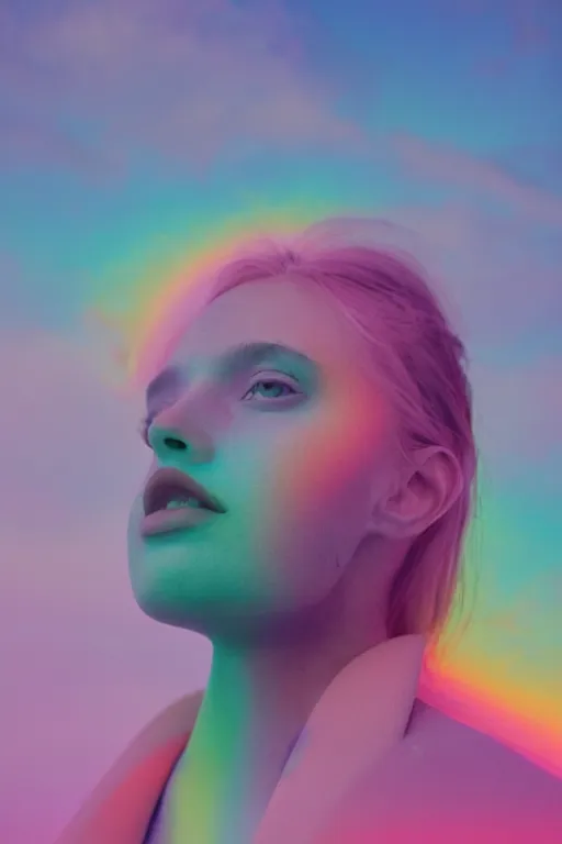 Image similar to high quality pastel coloured film close up wide angle photograph of a model wearing clothing resting on cloud furniture in a icelandic black rock!! environment in a partially haze filled dreamstate world. three point light, rainbow. photographic production. art directed. pastel colours. volumetric clouds. pastel gradient overlay. waves glitch artefacts. extreme facial clarity. 8 k. filmic.