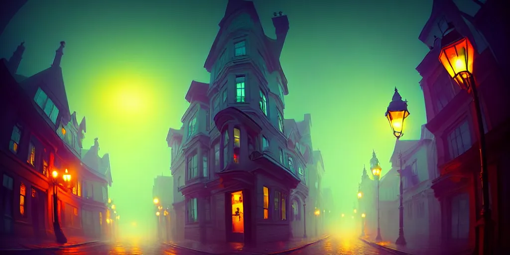 Image similar to curved perspective, extreme narrow, extreme fisheye, digital art of a night foggy street with curled victorian street lamps over cobblestone floor by anton fadeev from nightmare before christmas