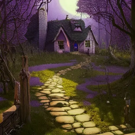 Image similar to hyper realistic homely ornate modern witch cottage distant down a path in the purple swamp gorgeous lighting, blue sky, fantasy, by zdzisław beksinski and norman rockwell and greg rutkowskiweta studio, and lucasfilm