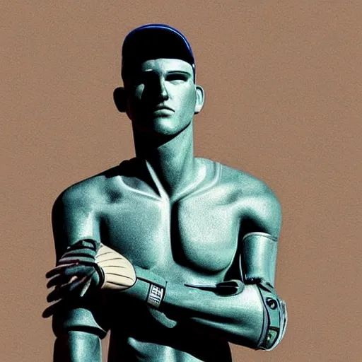 Image similar to “a realistic detailed photo of a guy who is an attractive humanoid who is half robot and half humanoid, who is a male android, baseball player Mike Trout, shiny skin, posing like a statue, blank stare, on the baseball field, on display”