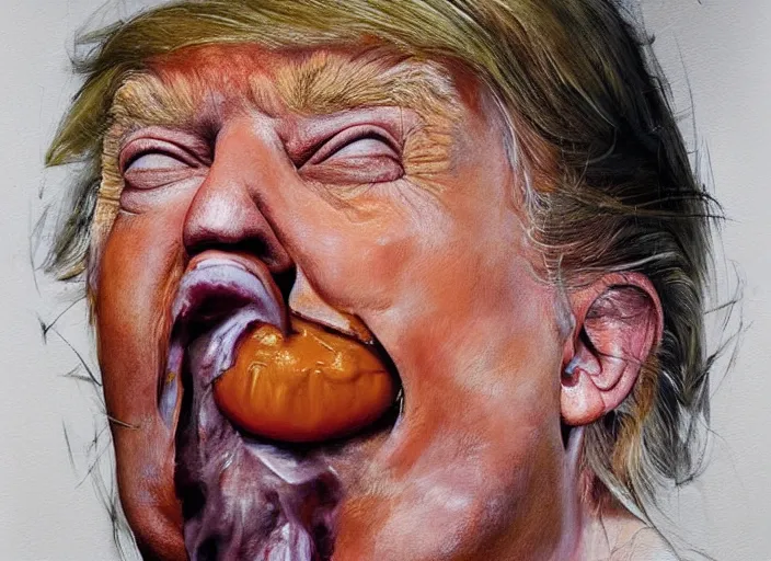 Image similar to realistic painting by jenny saville of!! donald trump!! licking a! cheeseburger!, art by jenny saville and tom bagshaw, detailed, sharp, smooth,! hamburger!