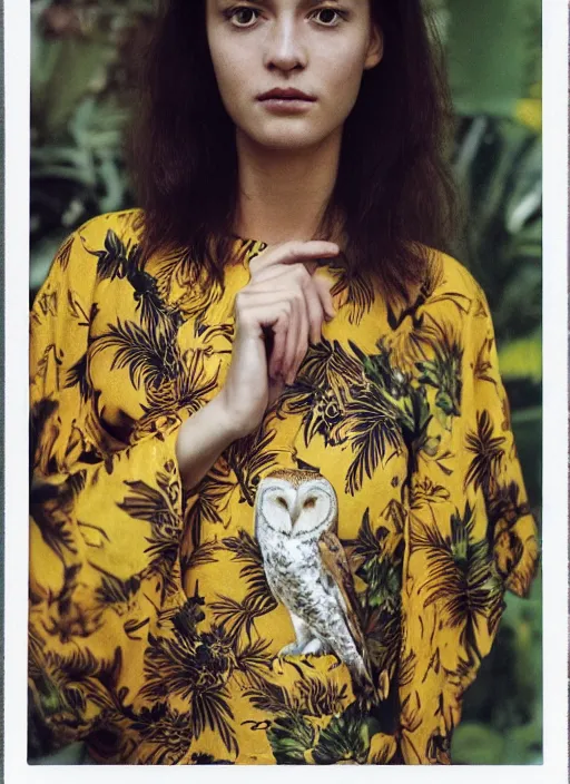 Image similar to grainy head to shoulder portrait Polaroid film photograph of an elegant top model wearing a yellow kimono with a very detailed barn owl on her shoulder!!! in a tropical greenhouse. looking at the camera!!. super resolution. Polaroid 600 film. art by Alessio albi and Annie Leibovitz and Rineke Dijkstra.