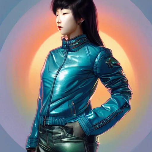 Image similar to Full body of Korean female wearing futuristic short teal leather jacket and 1980s shorts, expressive pose, intricate, elegant, highly detailed, digital painting, artstation, concept art, smooth, sharp focus, illustration, art by artgerm and greg rutkowski and alphonse mucha