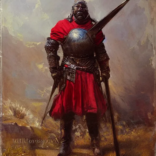 Image similar to Solomon Joseph Solomon and Richard Schmid and Jeremy Lipking victorian genre painting portrait painting of a old rugged movie actor medieval knight character in fantasy costume, red background