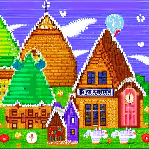 Prompt: sunny magical village with fairies and animals and plants and brewery and mill and giant sleeping next to it, pixel art