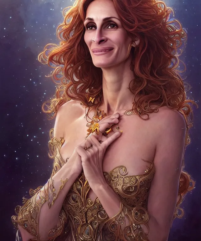 Image similar to Julia Roberts as a fantasy magic woman portrait, sci-fi, amber eyes, face, long hair, fantasy, intricate, elegant, highly detailed, digital painting, artstation, concept art, smooth, sharp focus, illustration, art by artgerm and greg rutkowski and alphonse mucha