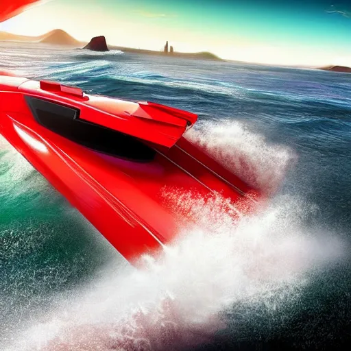 Image similar to concpet art featuring a futuristic red racing speedboat designed in the style of ferrari racing under the golden gate bridge. fine detail. surf. this 4 k hd image is trending on artstation, featured on behance, well - rendered, extra crisp, features intricate detail, epic composition and the style of unreal engine.