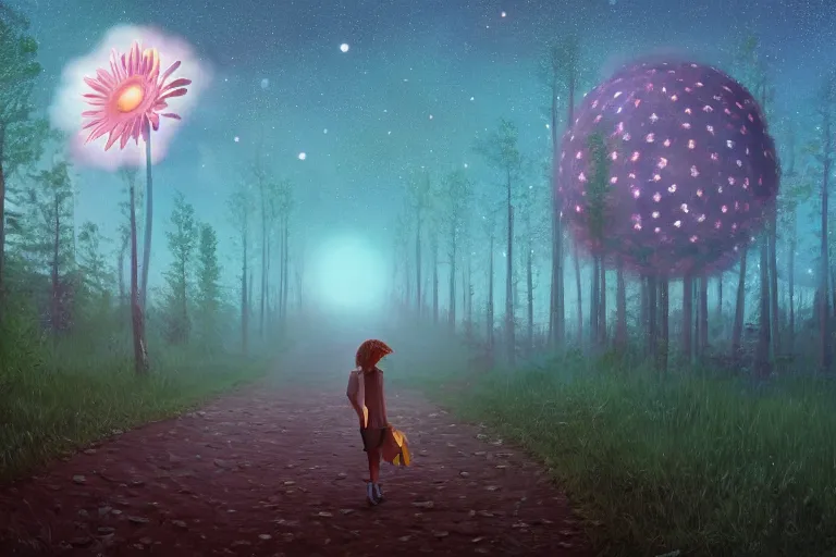 Image similar to giant daisy flower as a head, girl walking forest, big trees, hills, surreal photography, dark night, star trails, moon light, impressionist painting, clouds, digital painting, artstation, simon stalenhag