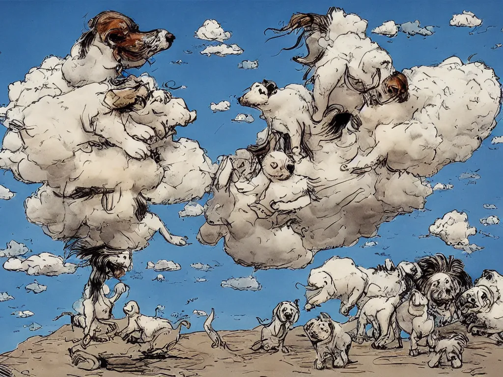 Prompt: a dream of clouds eating puppies, ralph steadman style