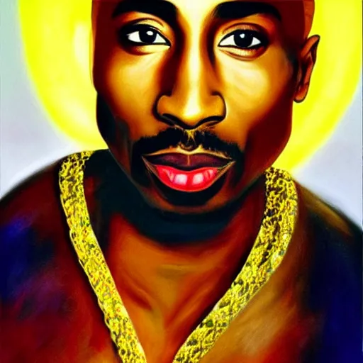 Prompt: Tupac as an airbrush painting with angel wings and a halo