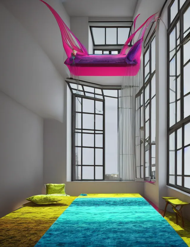 Image similar to wide angle colorful photo of floating bed above floor in the middle of epic room with windows opening to other dimensions by andrzej sykut by lee madgewick by m. c. escher, photorealistic, octane render, recursive!!!!, flowing, cascading, multiverse!!!!!!, labyrinthine, optical illusion