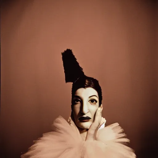 Prompt: portrait photo of Maria Callas, surreal pose, by Ron Haviv, 8k