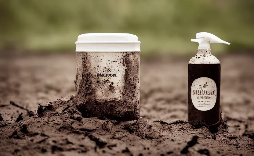 Prompt: a bottle of lotion, sitting in mud, product photography, behance