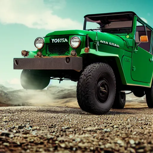 Image similar to closeup of a green Toyota Fj43 build in 1981, traveling through the mountains 8K, octane render, 8K,