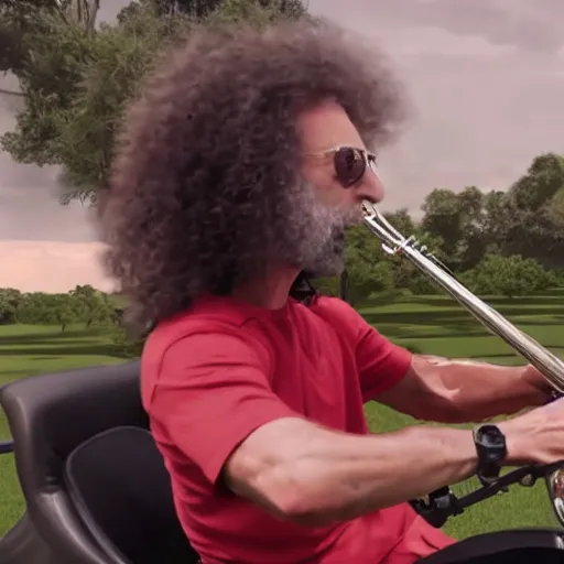 Prompt: kenny g riding a lawnmower playing the saxophone, epic, cinematic, realism, ultra detailed, 8 k