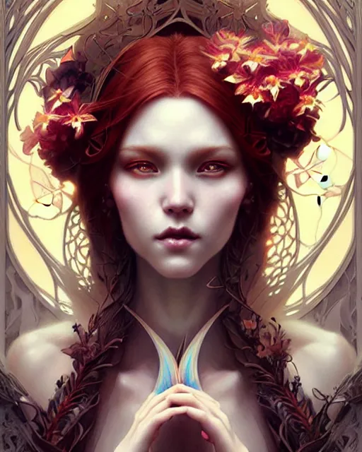 Prompt: Beautiful, evil and playful ethereal ginger portrait, art nouveau, fantasy, intricate flower designs, elegant, highly detailed, sharp focus, art by Artgerm and Greg Rutkowski and WLOP