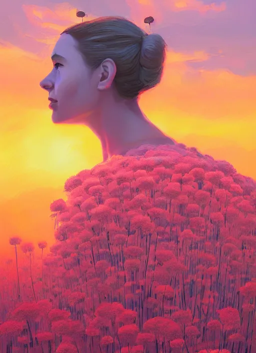 Image similar to portrait of a woman, face made of giant carnation, flower field, surreal photography, sunset dramatic light, impressionist painting, colorful clouds, large sky, digital painting, artstation, simon stalenhag