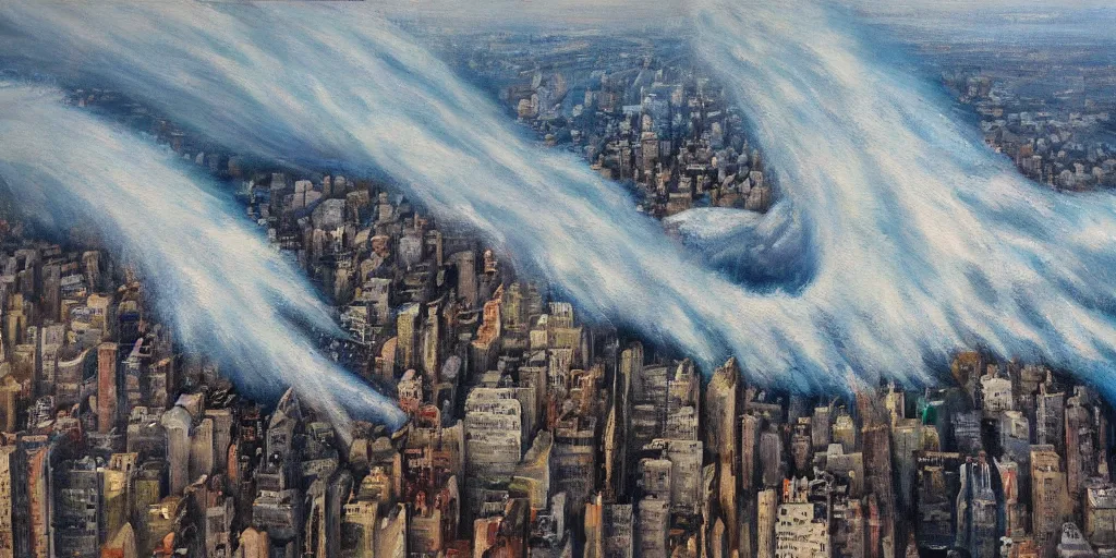 Prompt: tsunami crashing over Manhattan, aerial view, realist painting