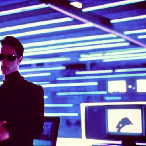 Image similar to prairie dog hacker in a blue-lit room surrounded by computers, still image from movie The Matrix