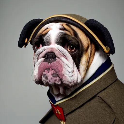 Prompt: portrait of a bulldog wearing royal air force 1942 fighter pilot uniform and head gear
