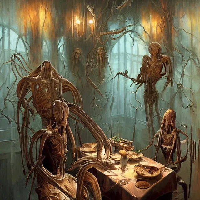 Image similar to a serene and tranquil dining room, haunted house, masterpiece, unease, grasping pseudopods, detailed human figures, rhads!!!, magical realism, urban fantasy, ( h. r. giger )