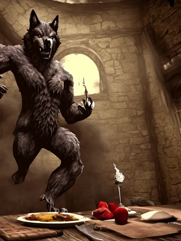 Image similar to cute handsome cuddly burly surly relaxed calm timid werewolf from van helsing sitting down at the breakfast table in the kitchen of a normal country home cooking having fun lighthearted whimsy whimsical baking strawberry tart cakes unreal engine hyperreallistic render 8k character concept art masterpiece screenshot from the video game the Elder Scrolls V: Skyrim