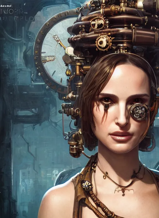 Image similar to steampunk clockpunk portrait of natalie portman, au naturel, hyper detailed, digital art, trending in artstation, cinematic lighting, studio quality, smooth render, unreal engine 5 rendered, octane rendered, art style by klimt and nixeu and ian sprigger and wlop and krenz cushart.