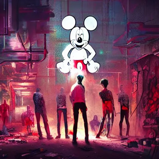 Image similar to a group of people standing around a giant bloody wounded mickey mouse, cyberpunk art by david lachapelle, cgsociety, sots art, dystopian art, reimagined by industrial light and magic, dark concept art