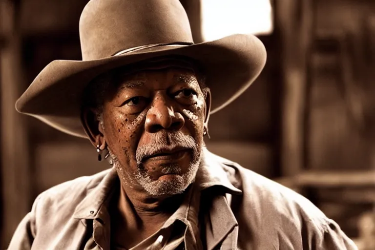 Prompt: a film still of morgan freeman starring as a sheriff in a western movie, sitting in a saloon, dramatic lighting