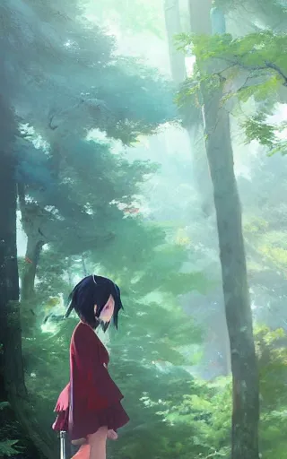 Image similar to anime character in the woods, hyperrealistic, trending on pixiv fanbox, painted by greg rutkowski makoto shinkai takashi takeuchi studio ghibli, akihiko yoshida